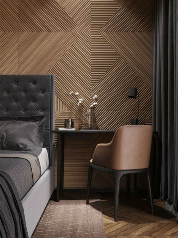 деревянные панели в интерьере современной спальни