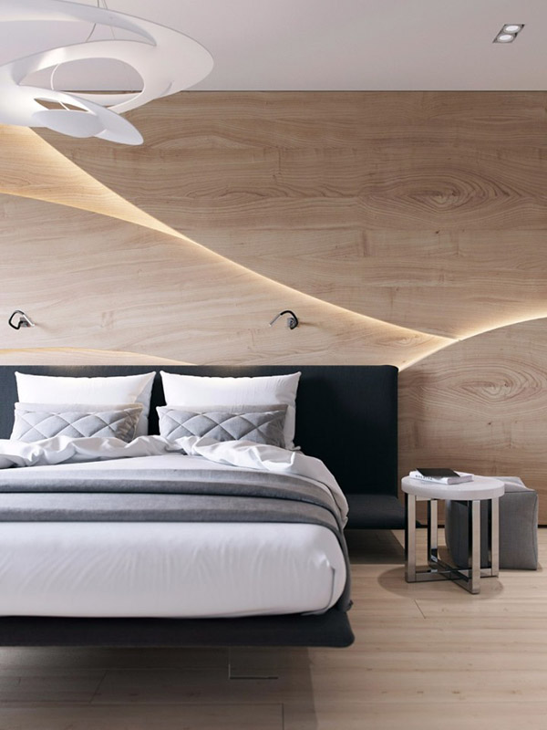 панели из светлого дерева с подсветкой на стене спальни