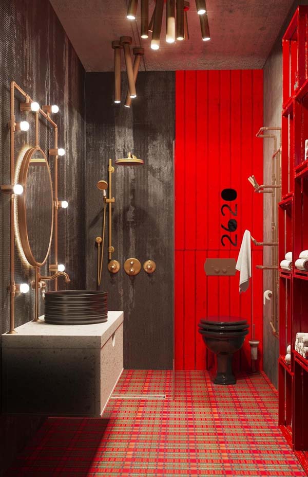 черная и красная плитка в ванной